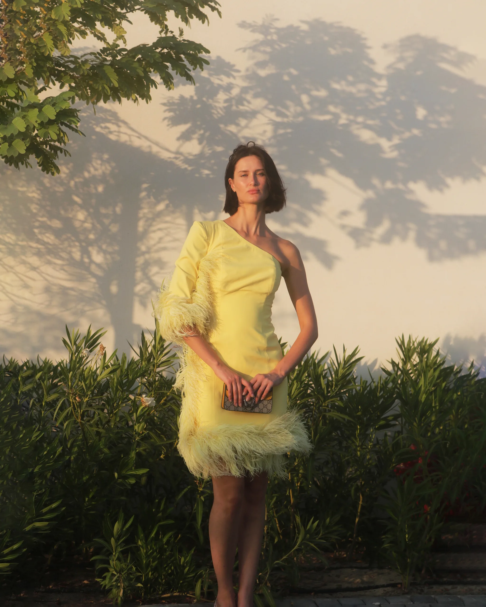 Model in a yellow one-shoulder dress with feather trim, at sunset